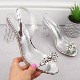 Transparentne sandały damskie na słupku z cyrkoniami srebrne Potocki WS43305 srebrny 1