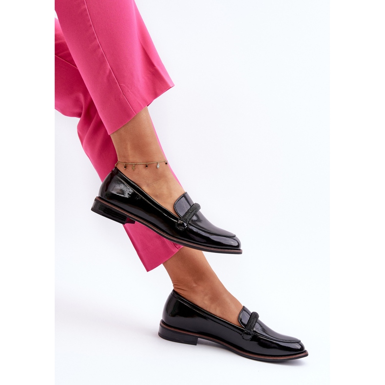 Sergio Leone Skórzane Mokasyny Damskie Z Ozdobnym Paseczkiem Lakierowane Czarne Saosin 1