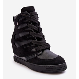 Skórzane Botki Na Koturnie Sznurowane Czarne Amria 1