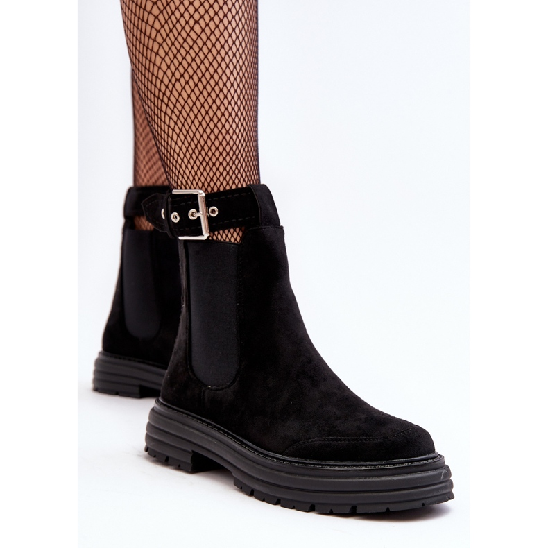 Zamszowe Botki Sztyblety Na Masywnej Podeszwie Czarne Ozaro 1