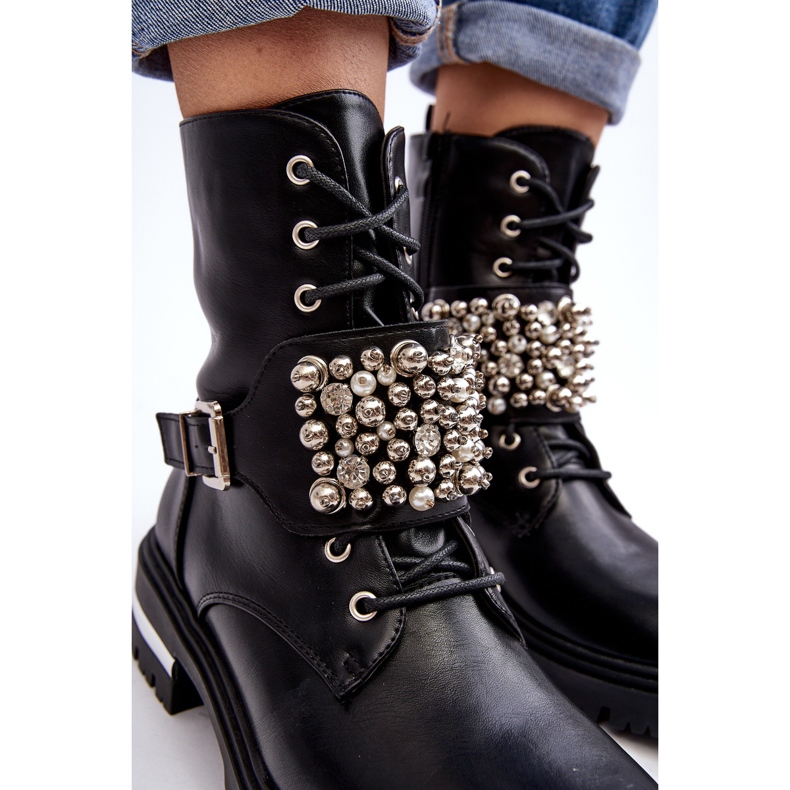 Damskie Ocieplane Botki Workery Zdobione Czarne Lennen 1