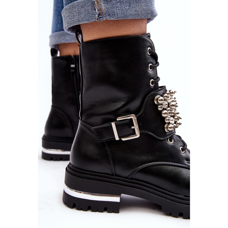 Damskie Ocieplane Botki Workery Zdobione Czarne Lennen 2