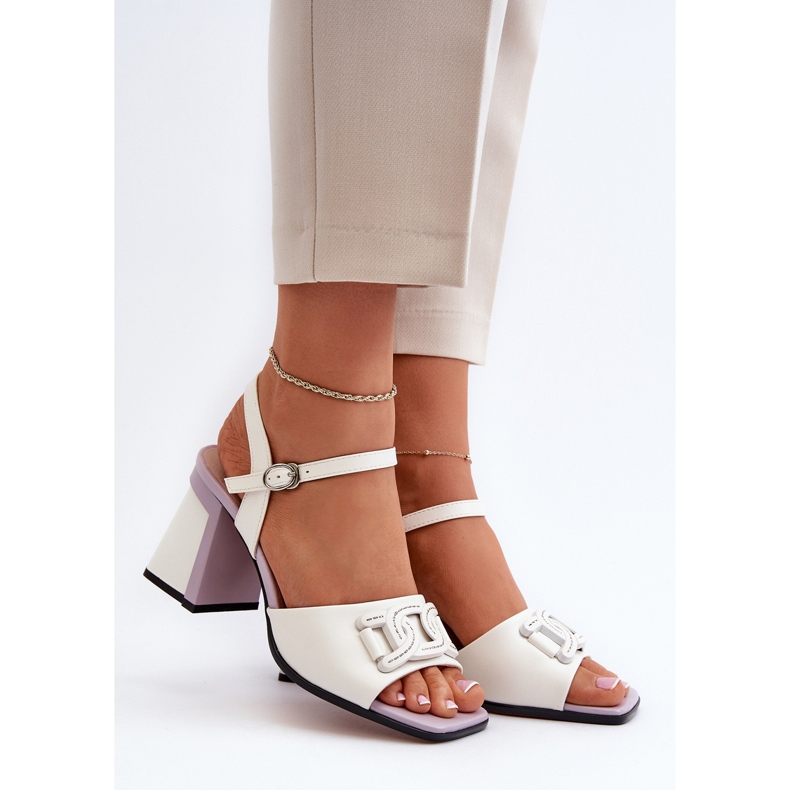 S.Barski Eleganckie Sandały Na Słupku Z Ozdobą Białe D&A MR38-156 2