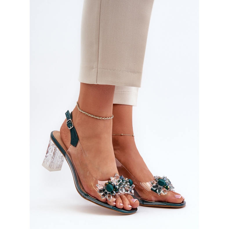 S.Barski Sandały Transparentne Na Słupku Z Ozdobami Zielone D&A MR38-D1 2