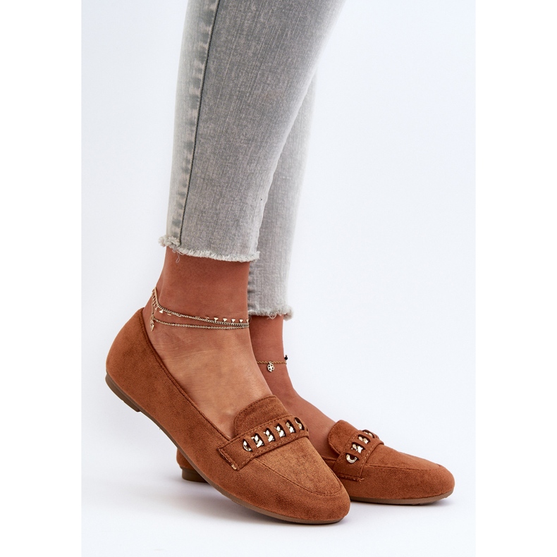 Błyszczące Mokasyny Damskie Z Łańcuchem Camel Aredilla brązowe 2