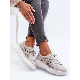 Ażurowe Sneakersy Damskie Na Platformie Skórzane Szare Peilaeno 1