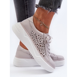 Ażurowe Sneakersy Damskie Na Platformie Skórzane Szare Peilaeno 7