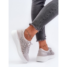 Ażurowe Sneakersy Damskie Na Platformie Skórzane Szare Peilaeno 9