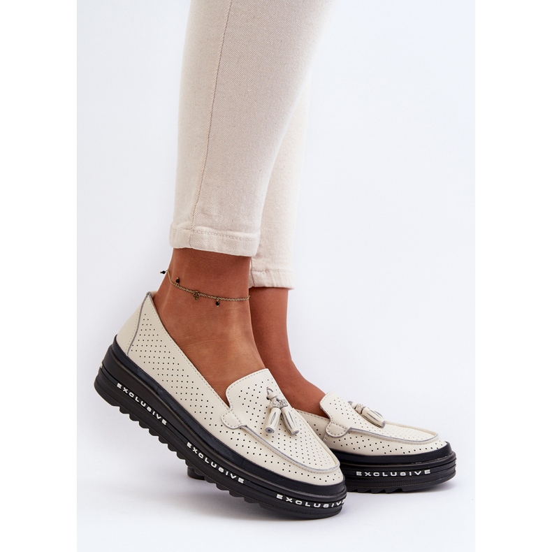 Skórzane Mokasyny Damskie Na Platformie Beżowe Assetnima beżowy 2