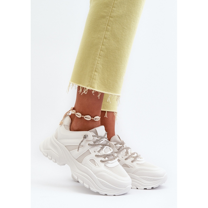 Sneakersy Damskie Na Masywnej Podeszwie Z Ozdobnym Sznurowaniem Białe Relissa 2