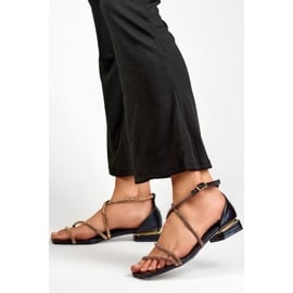 Eleganckie sandały damskie z cyrkoniami na niskim obcasie czarne 4
