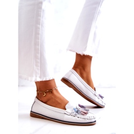 Evento Skórzane Mokasyny Damskie Z Frędzlami Białe Laressa 1