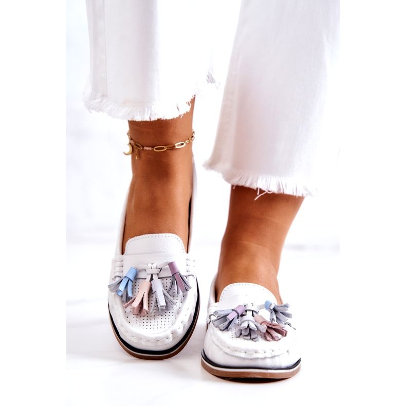 Evento Skórzane Mokasyny Damskie Z Frędzlami Białe Laressa 2