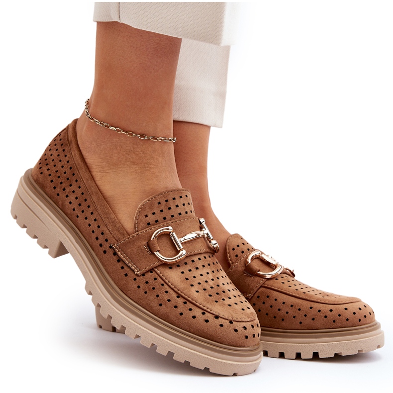 Bellucci Mokasyny Damskie Ażurowe Z Ozdobą Camel brązowe 4