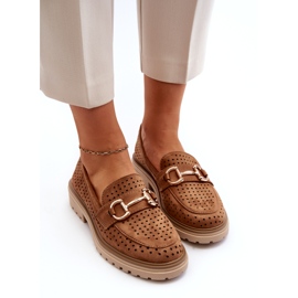 Bellucci Mokasyny Damskie Ażurowe Z Ozdobą Camel brązowe 3