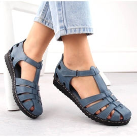 Skórzane sandały damskie pełne ażurowe niebieskie T.Sokolski A88 1