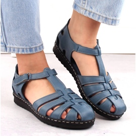 Skórzane sandały damskie pełne ażurowe niebieskie T.Sokolski A88 3