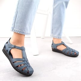 Skórzane sandały damskie pełne ażurowe niebieskie T.Sokolski A88 2