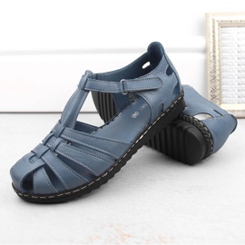 Skórzane sandały damskie pełne ażurowe niebieskie T.Sokolski A88 5