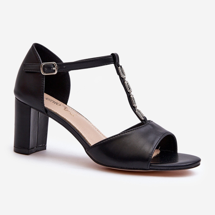 Sandały Damskie Na Słupku Z Ozdobnym Paskiem Eko Skóra Czarne Triavera 1