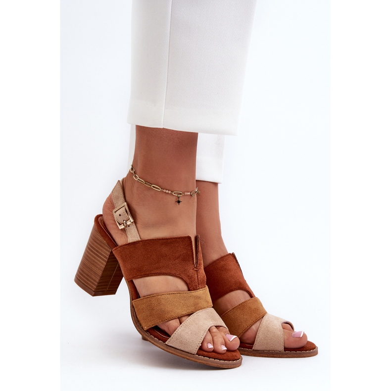 Sandały Damskie Z Eko Zamszu Na Obcasie Słupku Brązowe Qutima 2