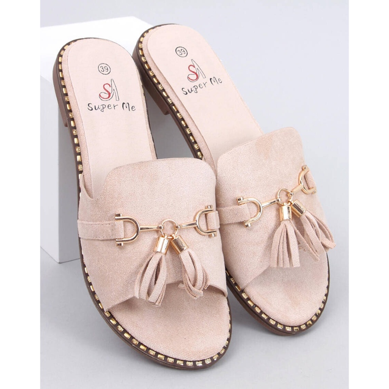 Klapki z frędzelkami Lapierr Beige beżowy 1