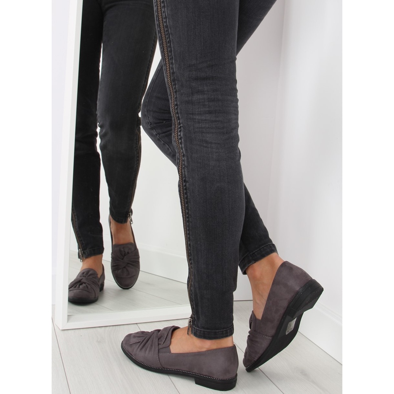 Mokasyny damskie z kokardką szare grey 2