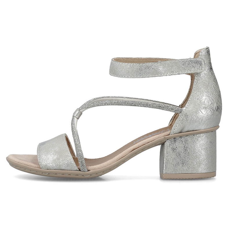 Komfortowe sandały damskie na obcasie na rzep srebrne Rieker 64654-40 srebrny 1