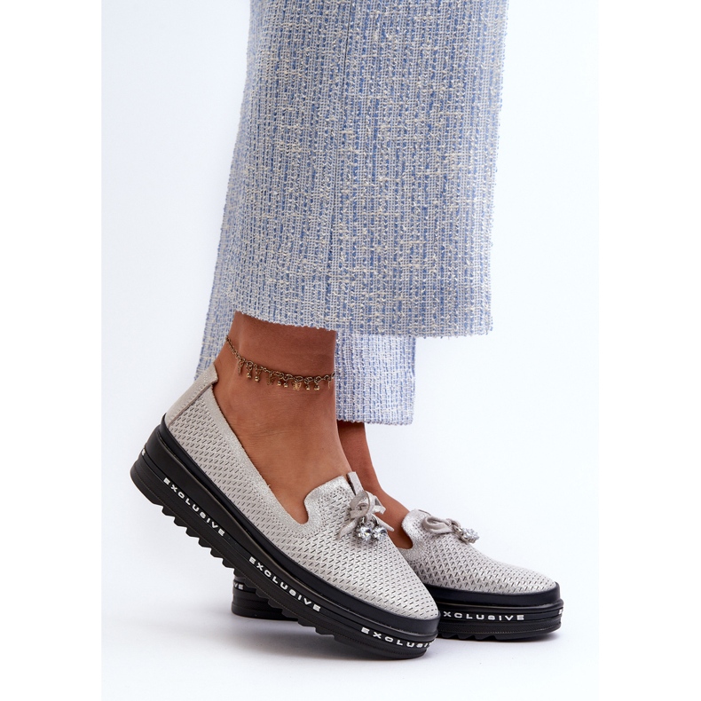 Błyszczące Mokasyny Damskie Skórzane Na Platformie S.Barski LR400 Srebrne srebrny 2