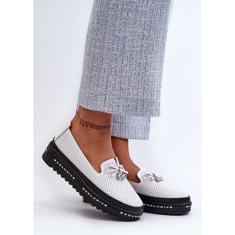 Mokasyny Damskie Skórzane Na Platformie S.Barski LR400 Białe 2