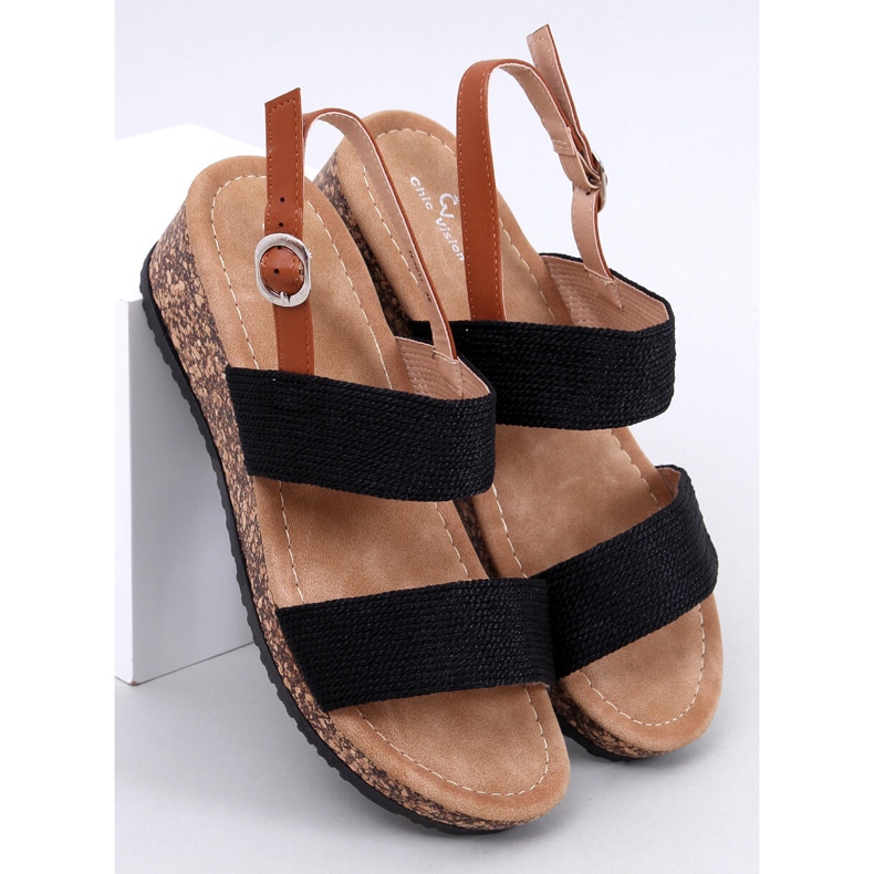 Sandałki korkowe na koturnie Wadoux Black czarne 1