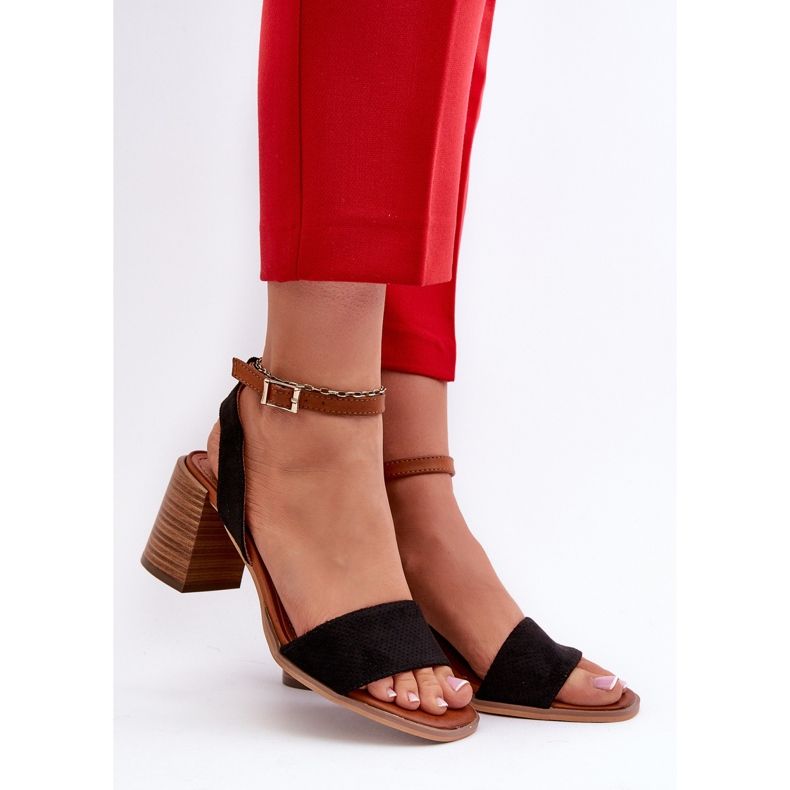 Sandały Damskie Na Słupku Z Eko Zamszu Czarne Ronvia 2