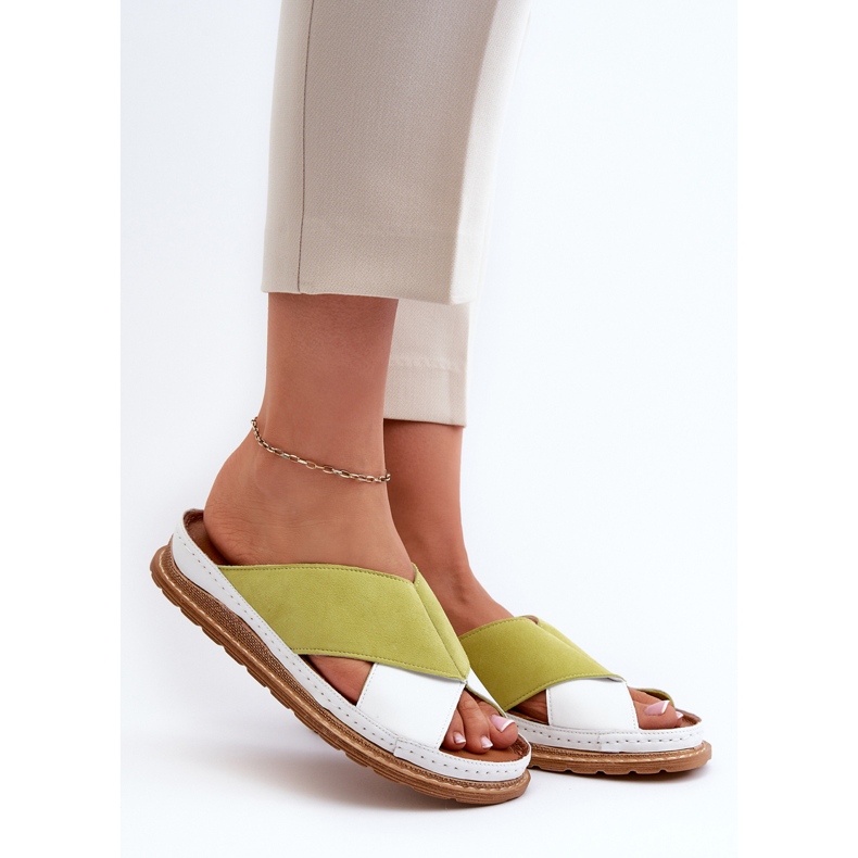Skórzane Profilowane Klapki Maciejka 04986-11 Limonkowe białe 2