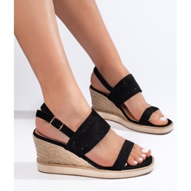 Czarny damskie sandały na koturnie czarne 1