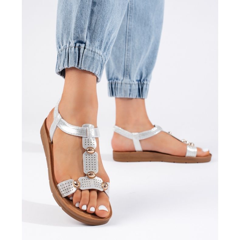 Srebrne sandały damskie z ozdobami srebrny 1