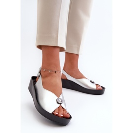 Skórzane Sandały Damskie Na Koturnie I Platformie S.Barski KV27-020 Srebrne srebrny 1