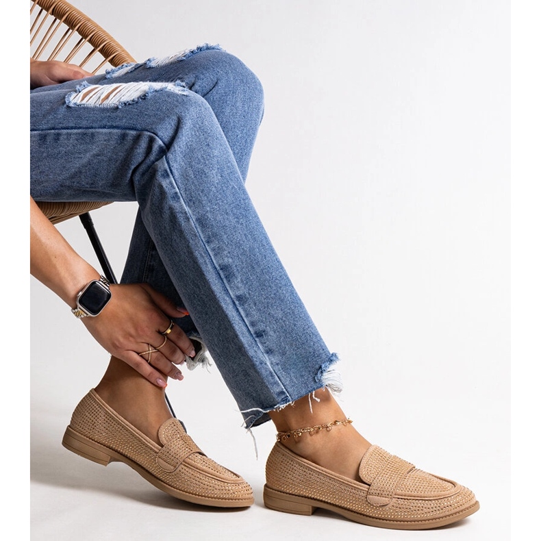 Brązowe mokasyny w cyrkonie Mogha beżowy 1