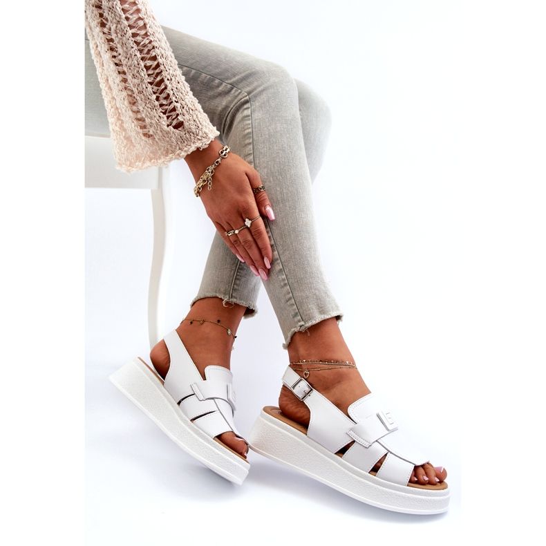 Evento Skórzane Sandały Damskie Na Platformie I Koturnie Białe Vivitellia 3
