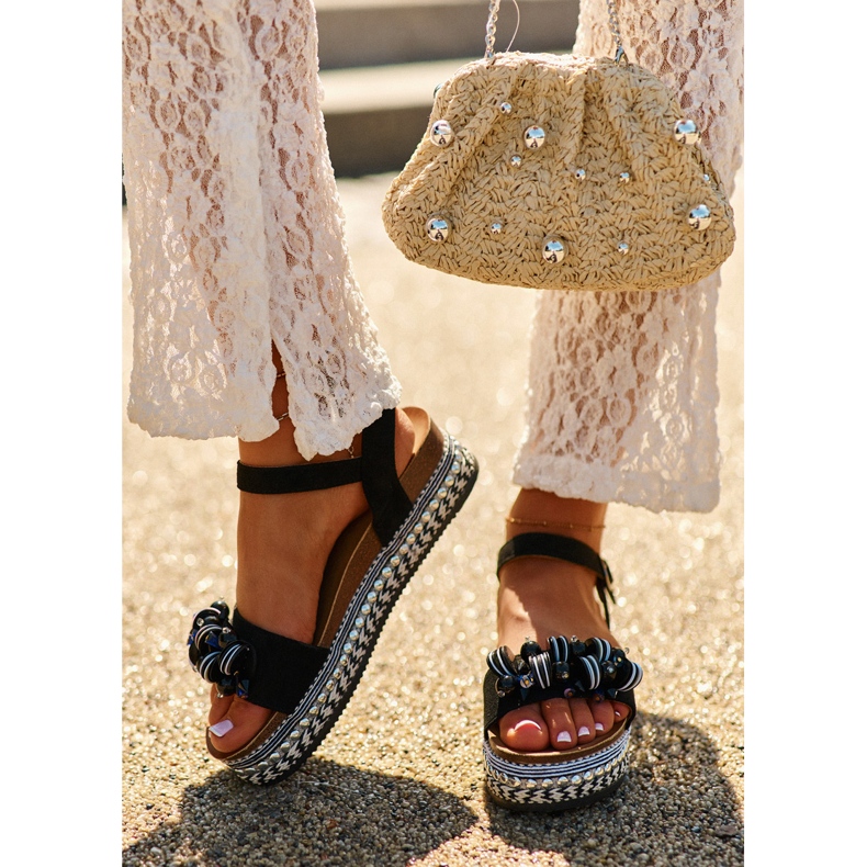 Sandały damskie na koturnie i platformie z ozdobami S.Barski HY056 czarne 2