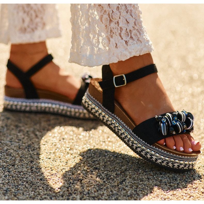 Sandały damskie na koturnie i platformie z ozdobami S.Barski HY056 czarne 3