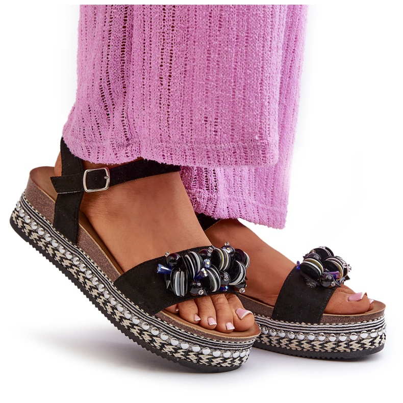 Sandały damskie na koturnie i platformie z ozdobami S.Barski HY056 czarne 4