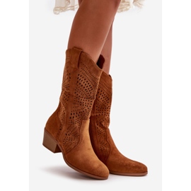 Ażurowe Damskie Botki Kowbojki Na Obcasie Camel Iceda brązowe 1