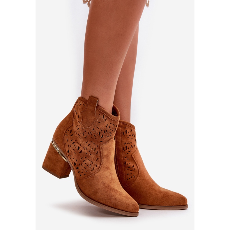 Ażurowe Botki Kowbojki Na Słupku Zapinane Na Zamek Camel Vosilara brązowe 1