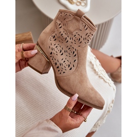 Ażurowe Botki Kowbojki Na Słupku Zapinane Na Zamek Beżowe Vosilara beżowy 2
