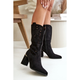 Ażurowe Botki Damskie Na Słupku Z Noskami W Szpic Eko Zamszowe Czarne Nevithra 2