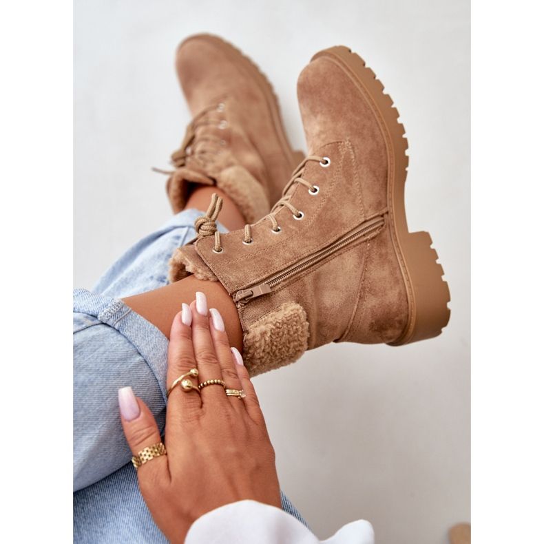 Damskie Ocieplane Botki Workery Na Zamek Brązowe Mivael beżowy 2