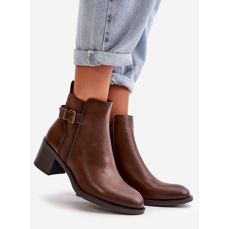 Botki Damskie Ocieplane Na Słupku Z Klamrą Brązowe Nevillira 1