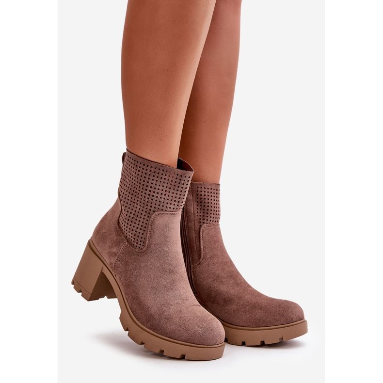 Jezzi Botki Damskie Na Słupku Zapinane Na Zamek Eko Zamszowe Brązowe Rashmi 1