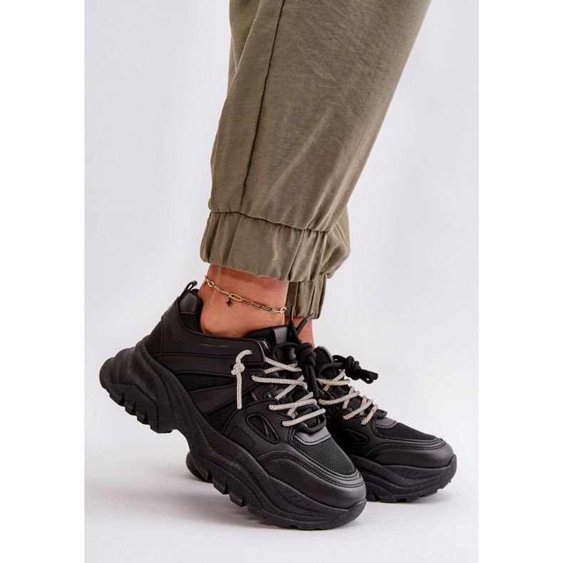 Sneakersy Damskie Na Masywnej Podeszwie Z Ozdobnym Sznurowaniem Czarne Relissa 2