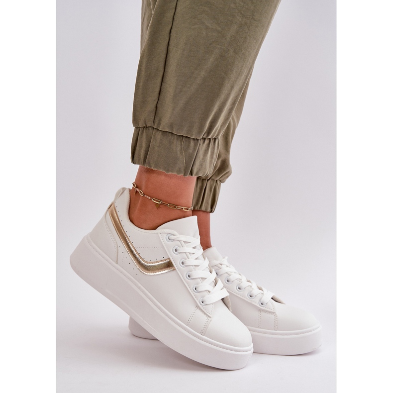 Trampki Sneakersy Damskie Na Platformie Z Eko Skóry Biało-Złote Brennessa białe 2